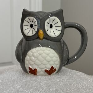 Hand Painted Gray Stoneware 3D Barn Owl Coffee Mug Cup Bird by Threshold